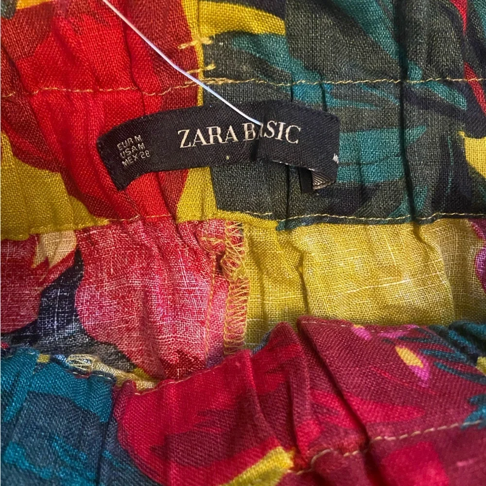 Zara Linen Print Yellow Pink Tropical Floral Bermuda Shorts M beach vacation
